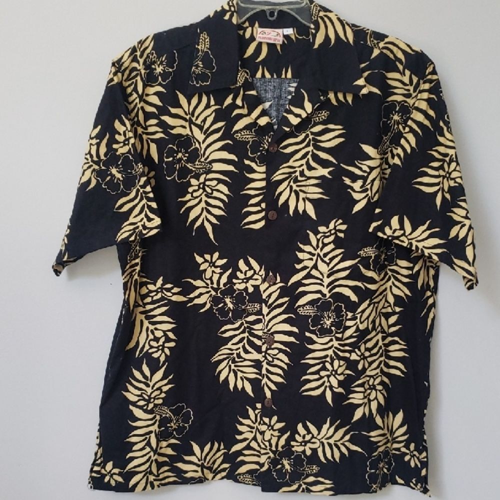 Go Barefoot Aloha Shirt Men's L Hawaiian Gold Black 100% Cotton Made In USA - Picture 1 of 6